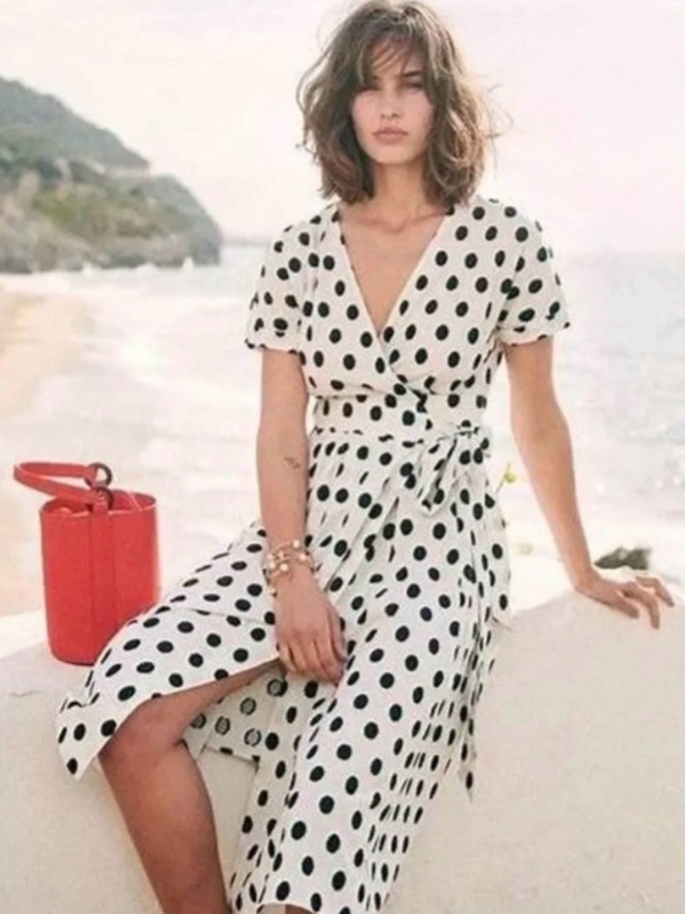 Sézane Robe Marielle Black Dots Ecru Polka Dot Wrap Midi Dress Size 38 US 6